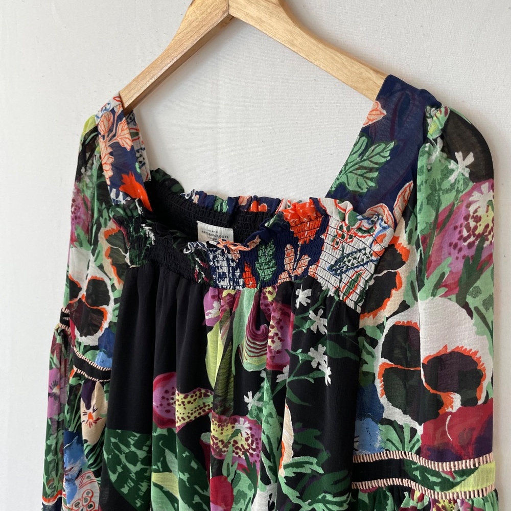 ANTHROPOLOGIE Womens Small Lil Sire Puff Sleeve Blouse Smocked Dark Florals - Picture 2 of 7